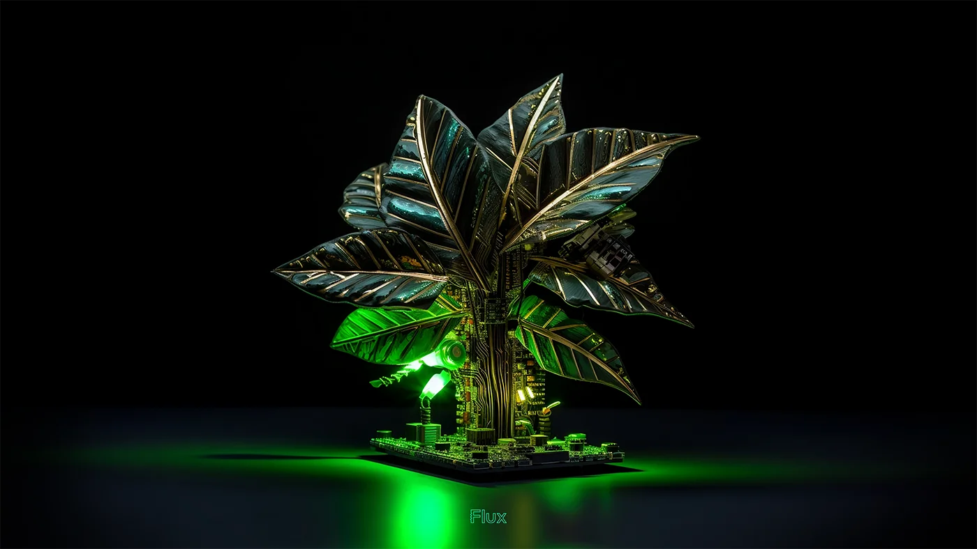 A captivating digital artwork depicting a futuristic tree with metallic, fan-like fronds that shimmer with reflective silver and green hues mimicking photosynthesis is happening. The tree's leaves are intricately designed with a high-tech circuit pattern, giving the impression of advanced technology merged with organic form. A soft, neon-green glow emanates from beneath the tree, casting a radiant light on the surface it stands upon and creating a halo effect on the dark background. The tree stands centrally in the image, evoking a sense of otherworldly beauty and technological harmony.